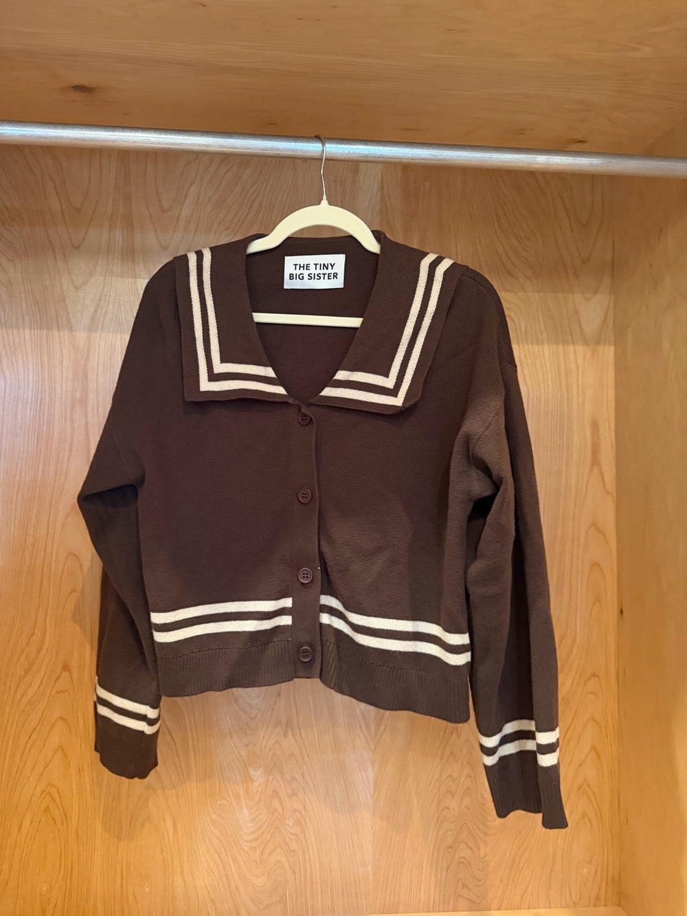 The Tiny Big Sister Brown wool Sailor-Style Button Cardigan with Cream Stripes